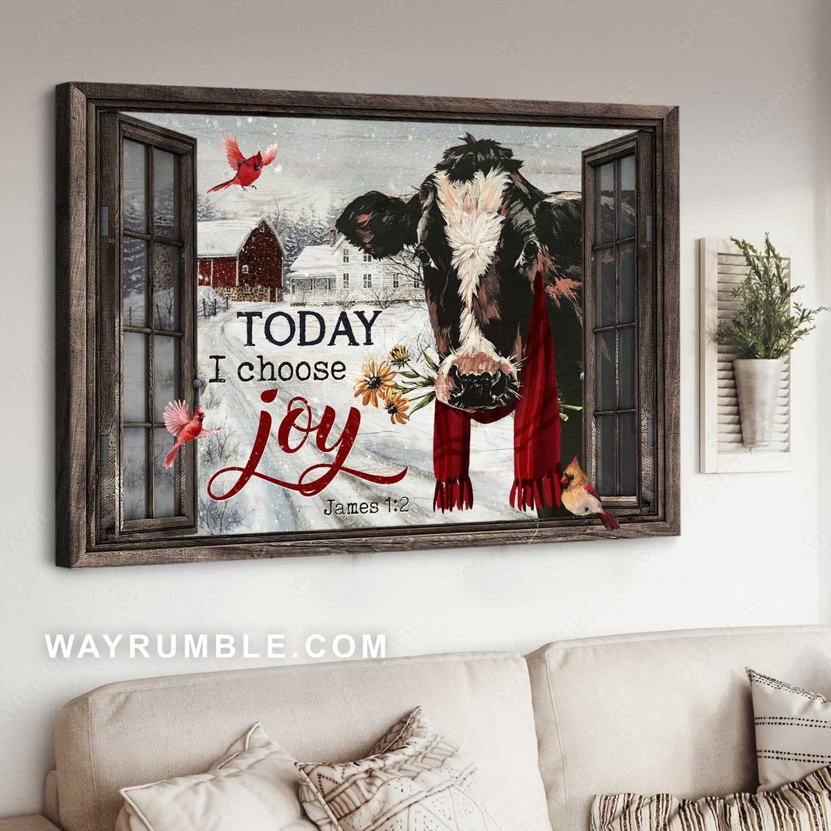 Unique cow painting, Yellow daisy, Red cardinal, Today I choose joy - Jesus Landscape Canvas Prints, Home Decor Wall Art