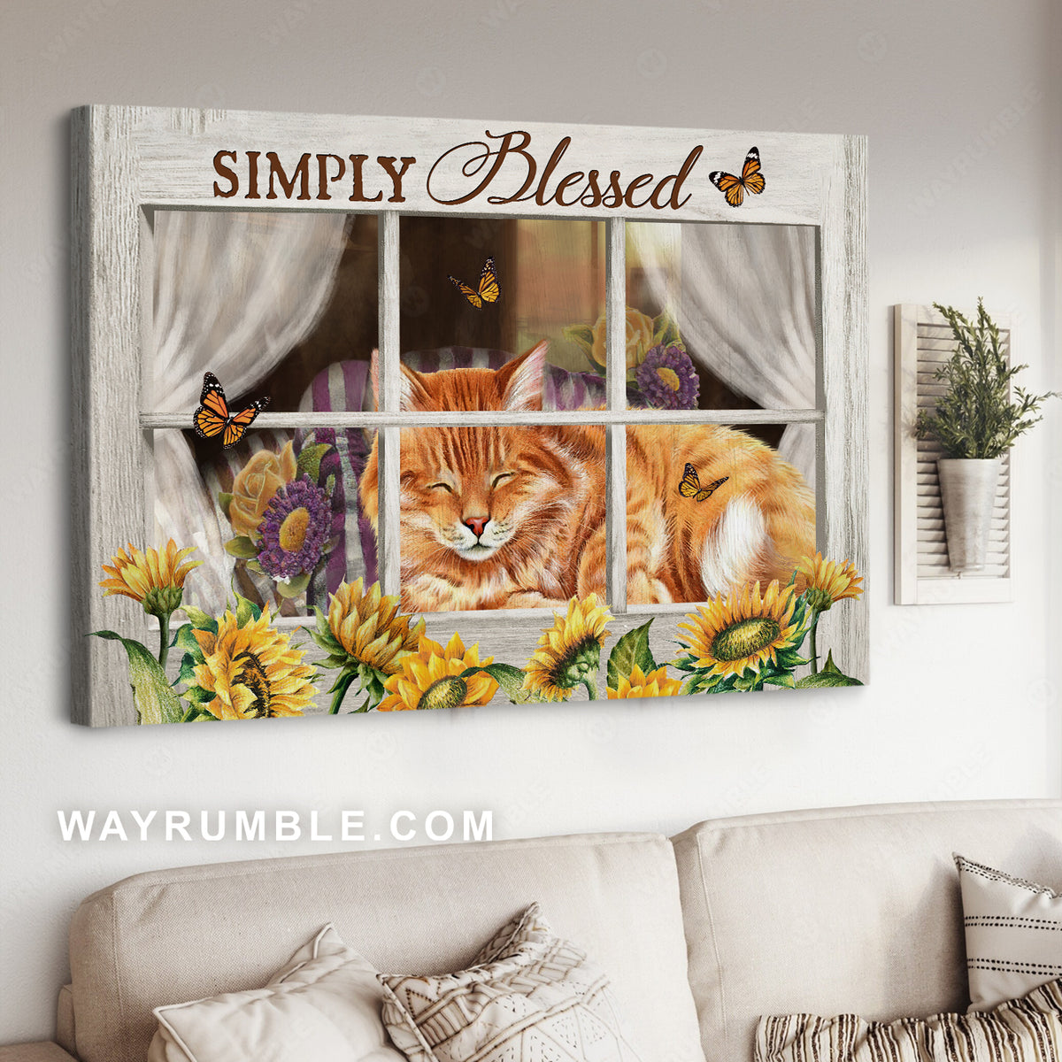 Orange tabby cat, Sunflower painting, White window, Simply blessed - Jesus Landscape Canvas Prints, Christian Wall Art