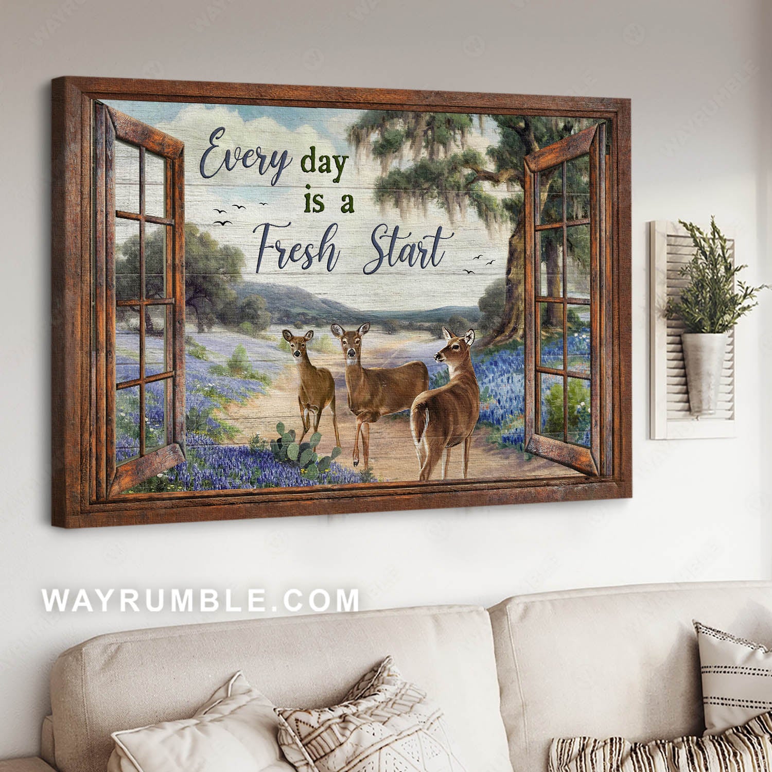 Deer drawing, Grape hyacinth, Window frame, Every day is a fresh start - Jesus Landscape Canvas Prints, Christian Wall Art