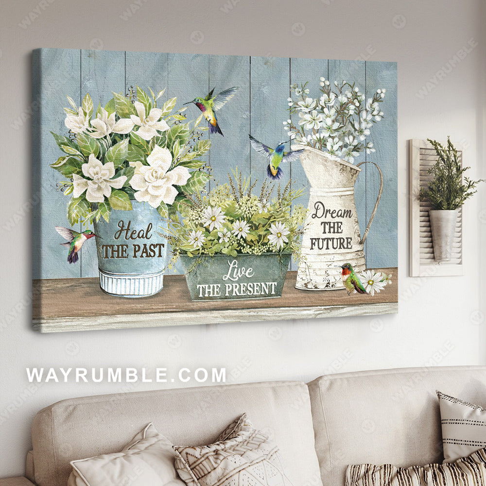 White flower garden, Colorful hummingbird, Heal the past, Live the present - Jesus Landscape Canvas Prints, Christian Wall Art