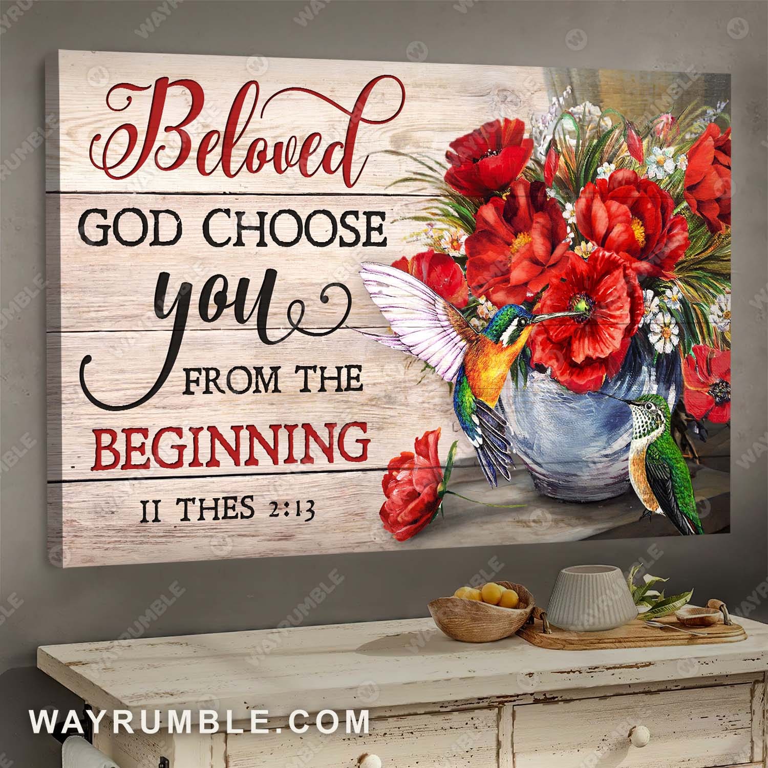 Hummingbird, Poppy flower painting, Still art, Beloved God choose you from the beginning - Jesus Landscape Canvas Prints, Wall Art