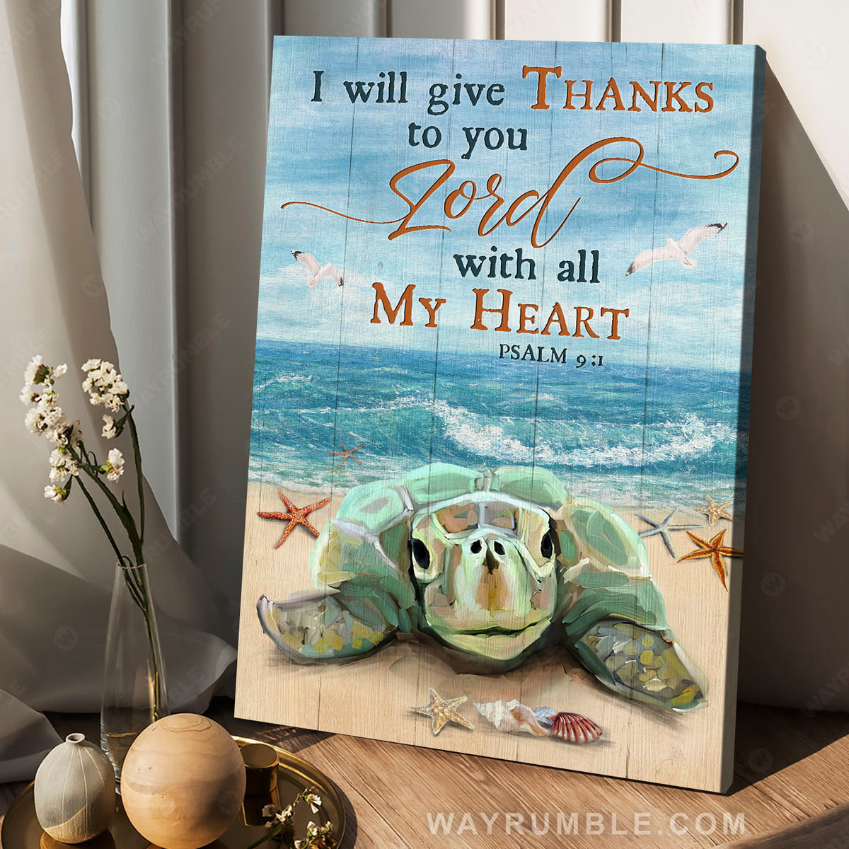 Sea turtle, Sand beach, Blue ocean, I will give thanks to you Lord - Jesus Portrait Canvas Prints, Christian Wall Art