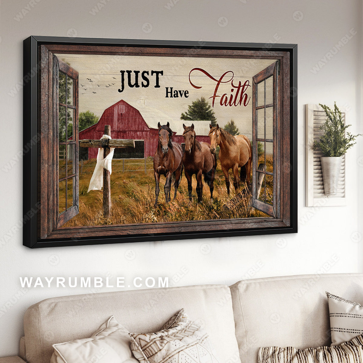 Brown horse, Old barn, Rice field, Just have faith - Jesus Landscape Canvas Prints, Christian Wall Art
