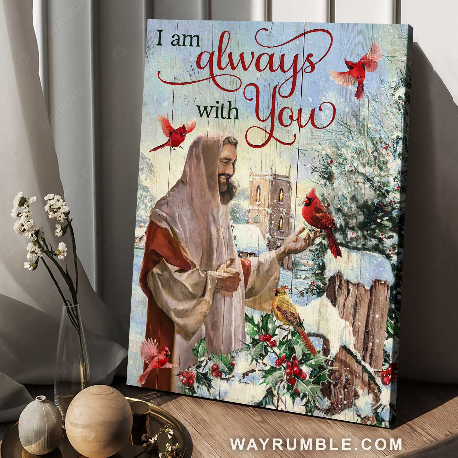 Christmas painting, Jesus drawing, Red cardinal, I am always with you - Jesus Portrait Canvas Prints, Home Decor Wall Art
