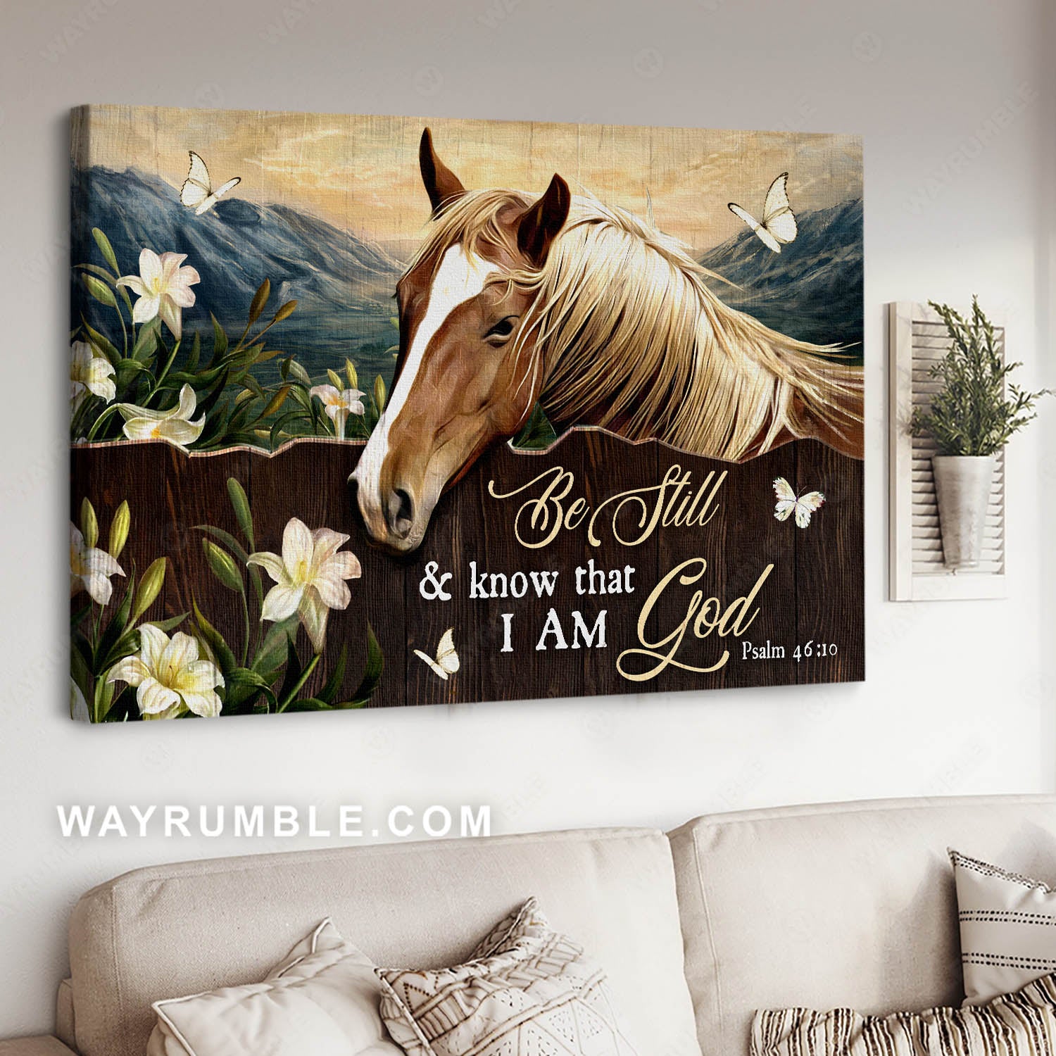 Horse painting, White lily, White butterfly, Be still and know that I am God - Jesus Landscape Canvas Prints, Christian Wall Art