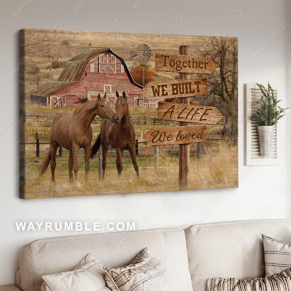 Wooden sign, Brown horse, Meadow land, Yellow sky, Together we built a life we loved - Jesus Landscape Canvas Prints, Christian Wall Art