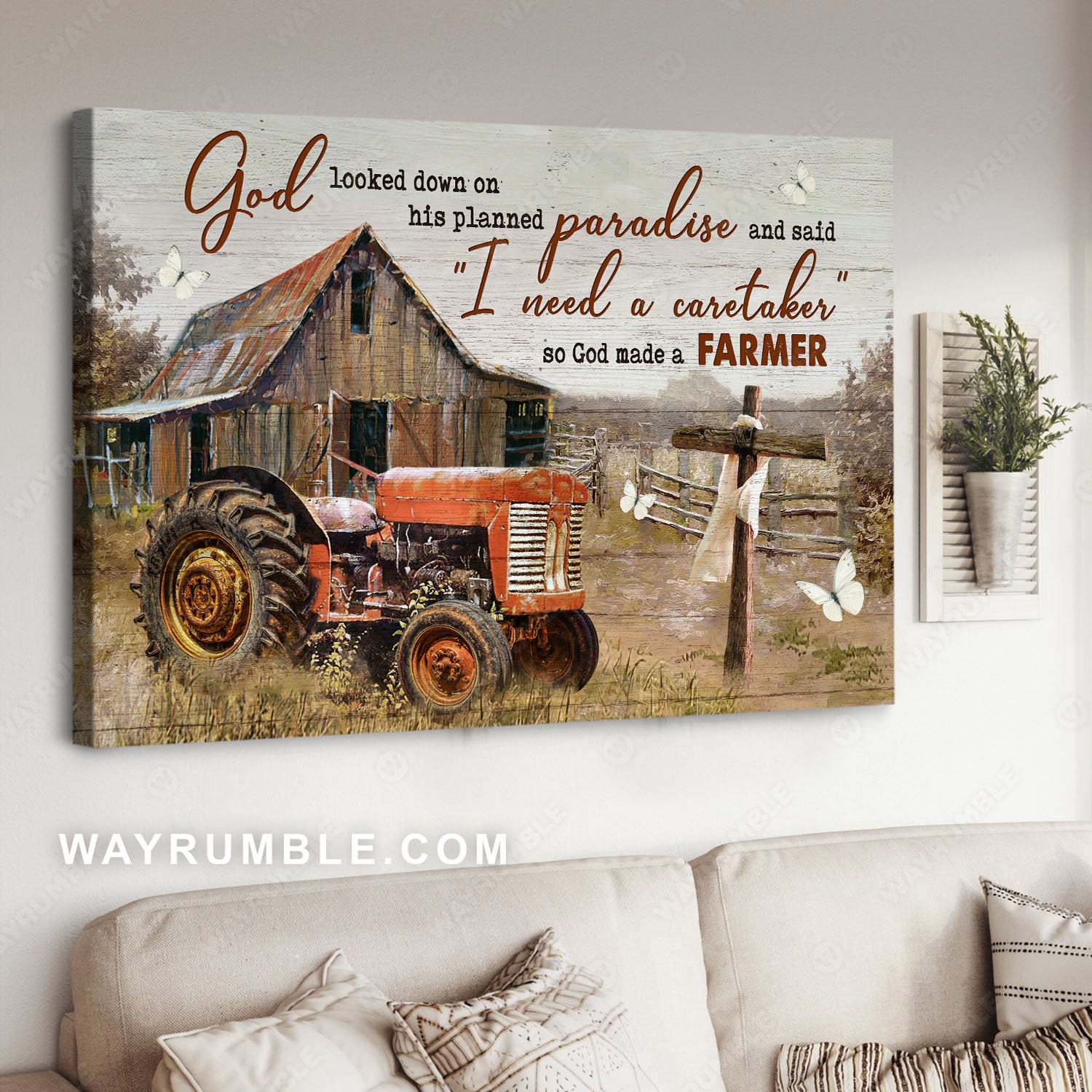 Farm tractor, Old farmhouse, Wooden cross, God made a farmer - Jesus Landscape Canvas Prints, Christian Wall Art
