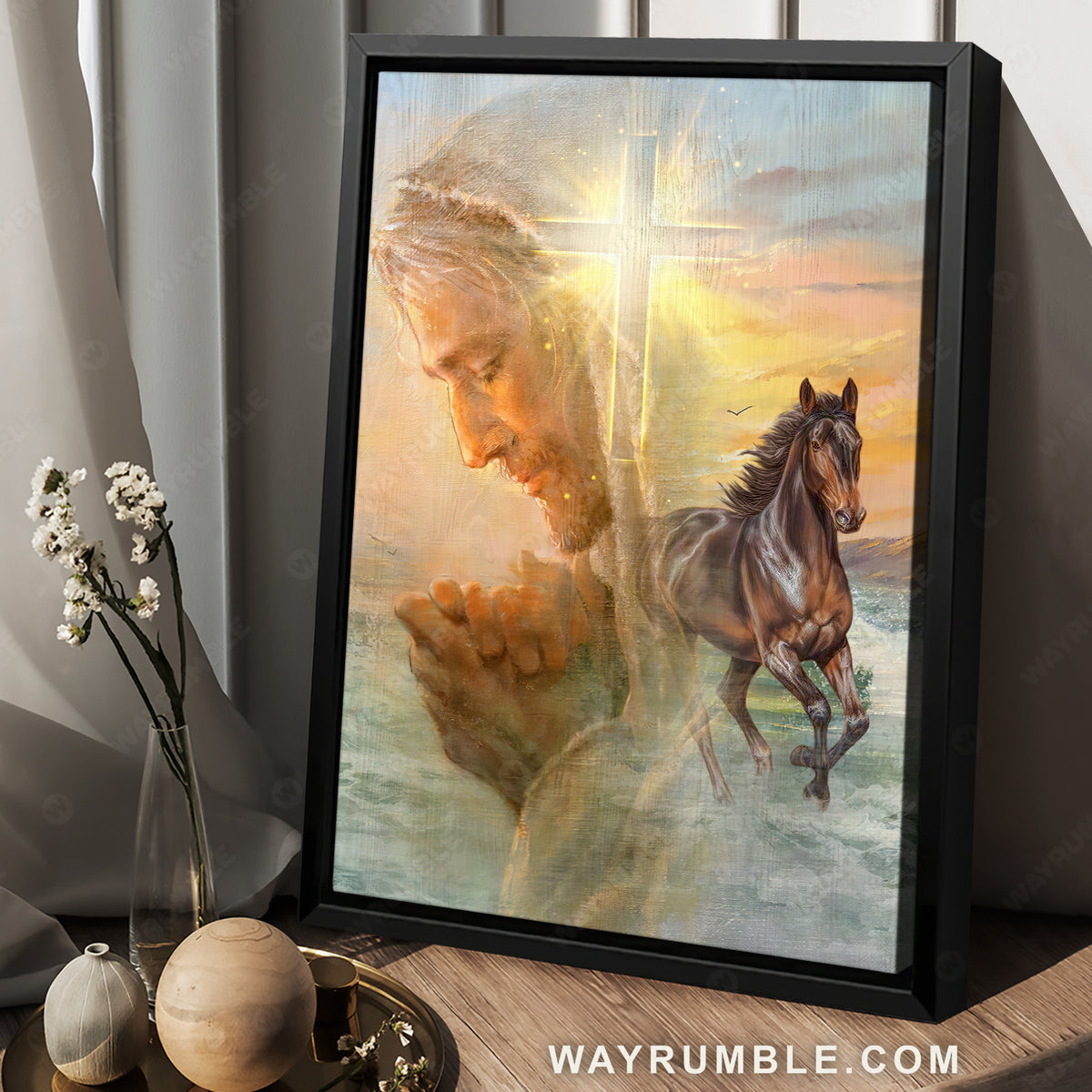 The face of Jesus, Pray for healing, Brown horse, Cross symbol - Jesus Portrait Canvas Prints, Christian Wall Art