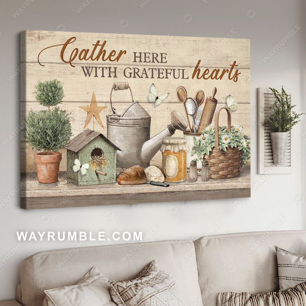 Vintage kitchen, Peaceful drawing, Gather here with grateful hearts - Jesus Landscape Canvas Prints, Christian Wall Art