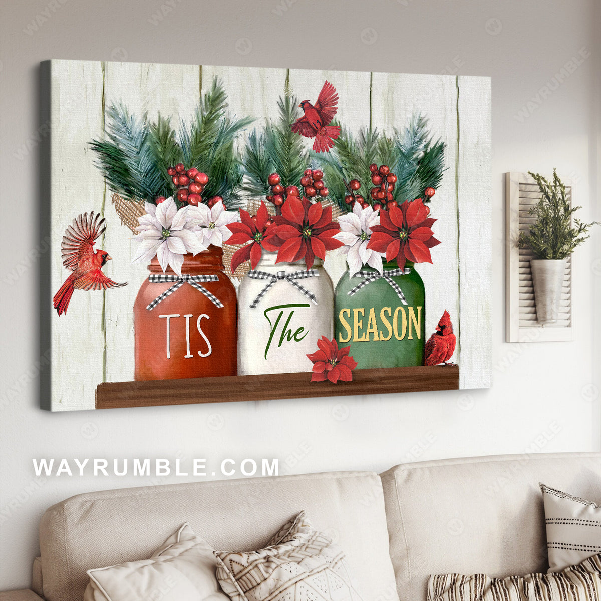 Pretty poinsettia flower, Cranberry drawing, Cardinal, Tis the season - Jesus Landscape Canvas Prints, Home Decor Wall Art