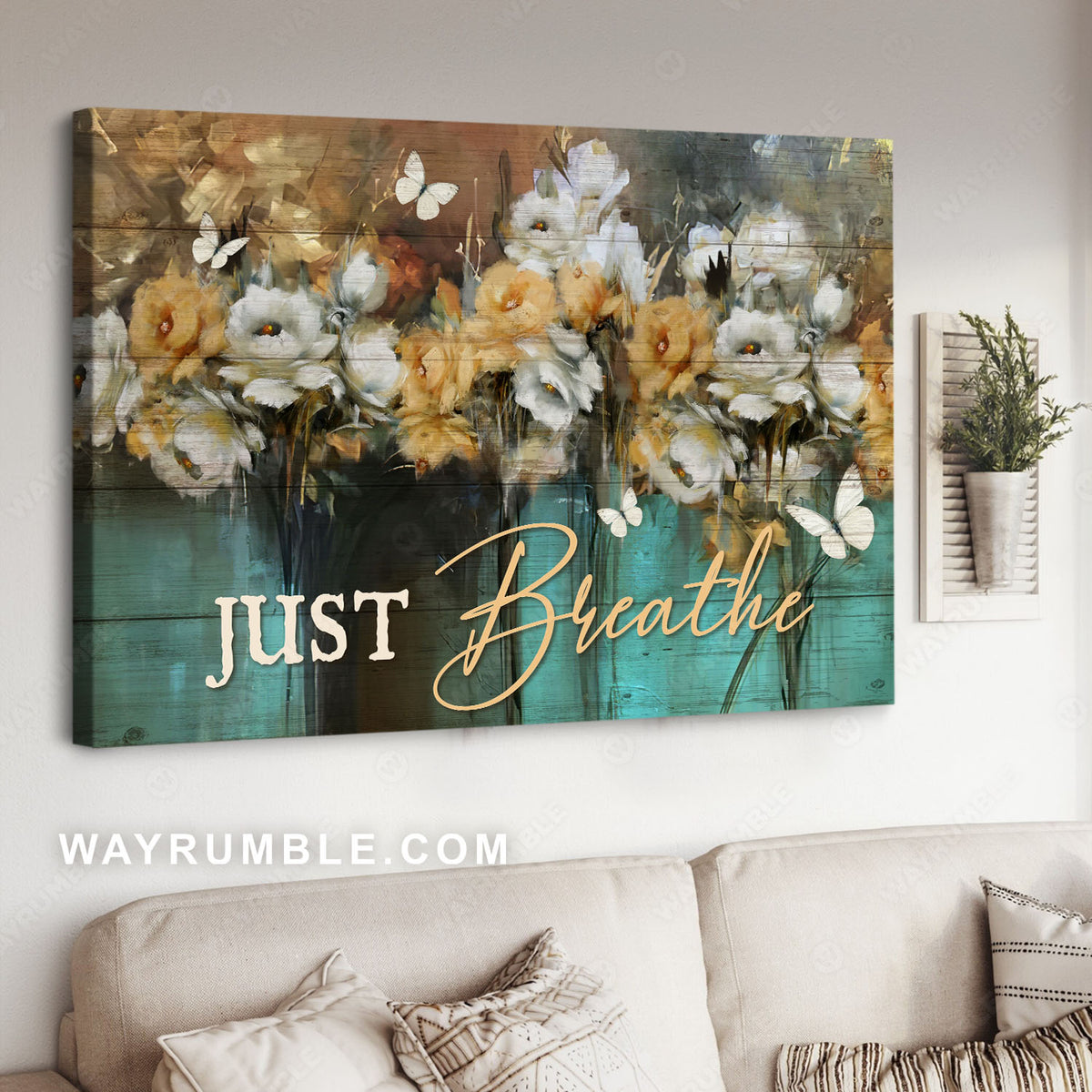 Flower painting, Abstract art, White butterfly, Just breathe - Jesus Landscape Canvas Prints, Christian Wall Art