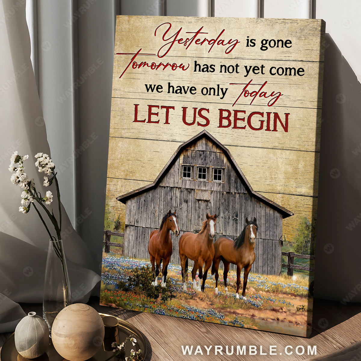 Old wooden barn, Brown horses, Flower field, Yesterday is gone - Jesus Portrait Canvas Prints, Christian Wall Art