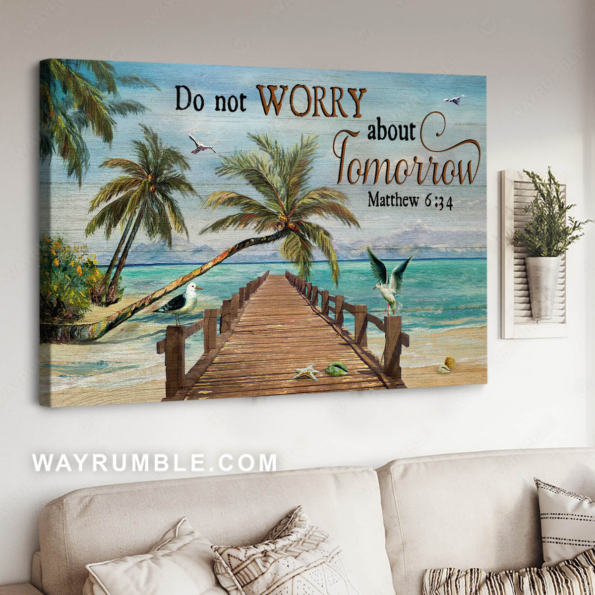 Wooden walkway, Blue ocean, Coconut tree, Seagull drawing. Do not worry - Jesus Landscape Canvas Prints, Christian Wall Art