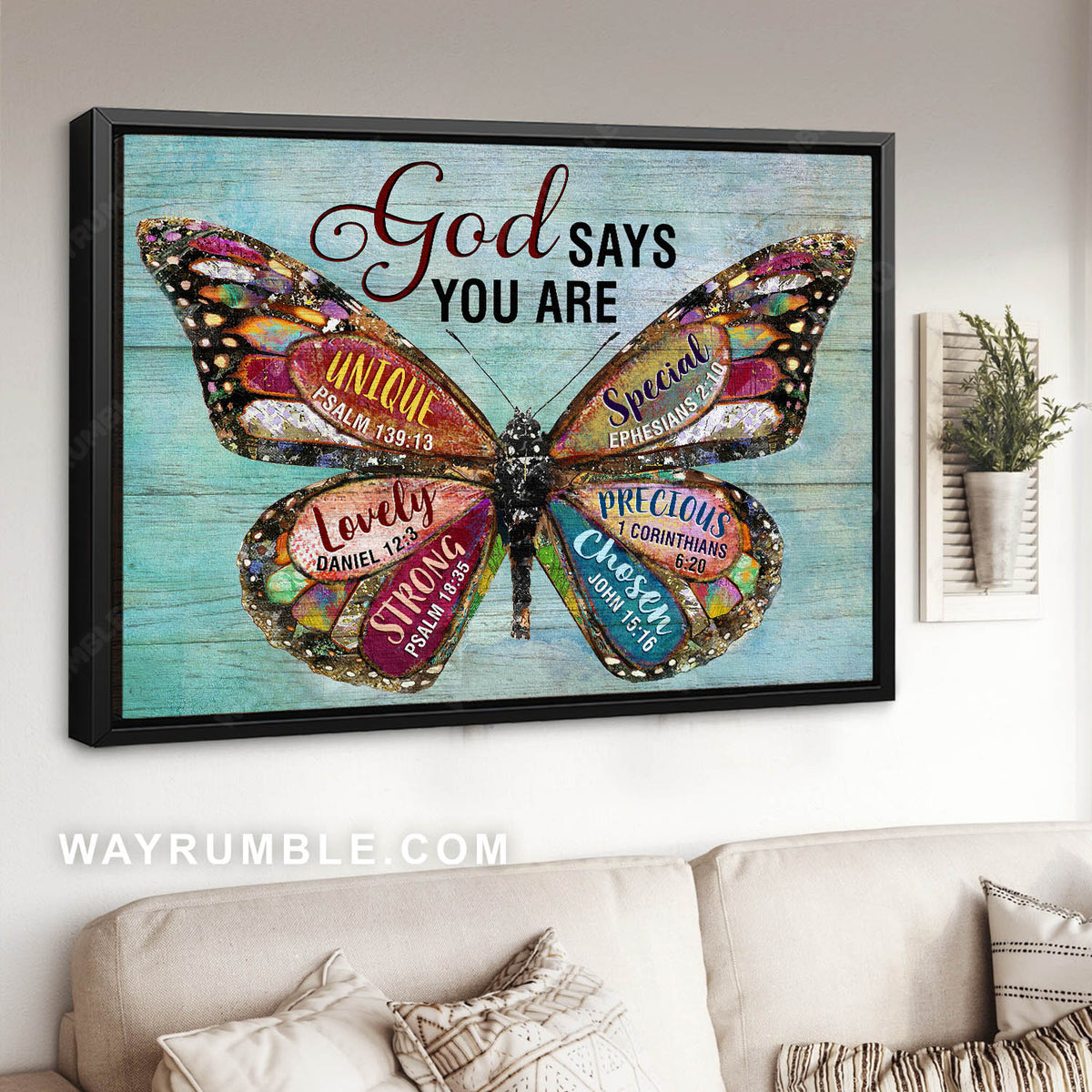 Colorful butterfly, Light blue background, God says you are - Jesus Landscape Canvas Prints, Christian Wall Art