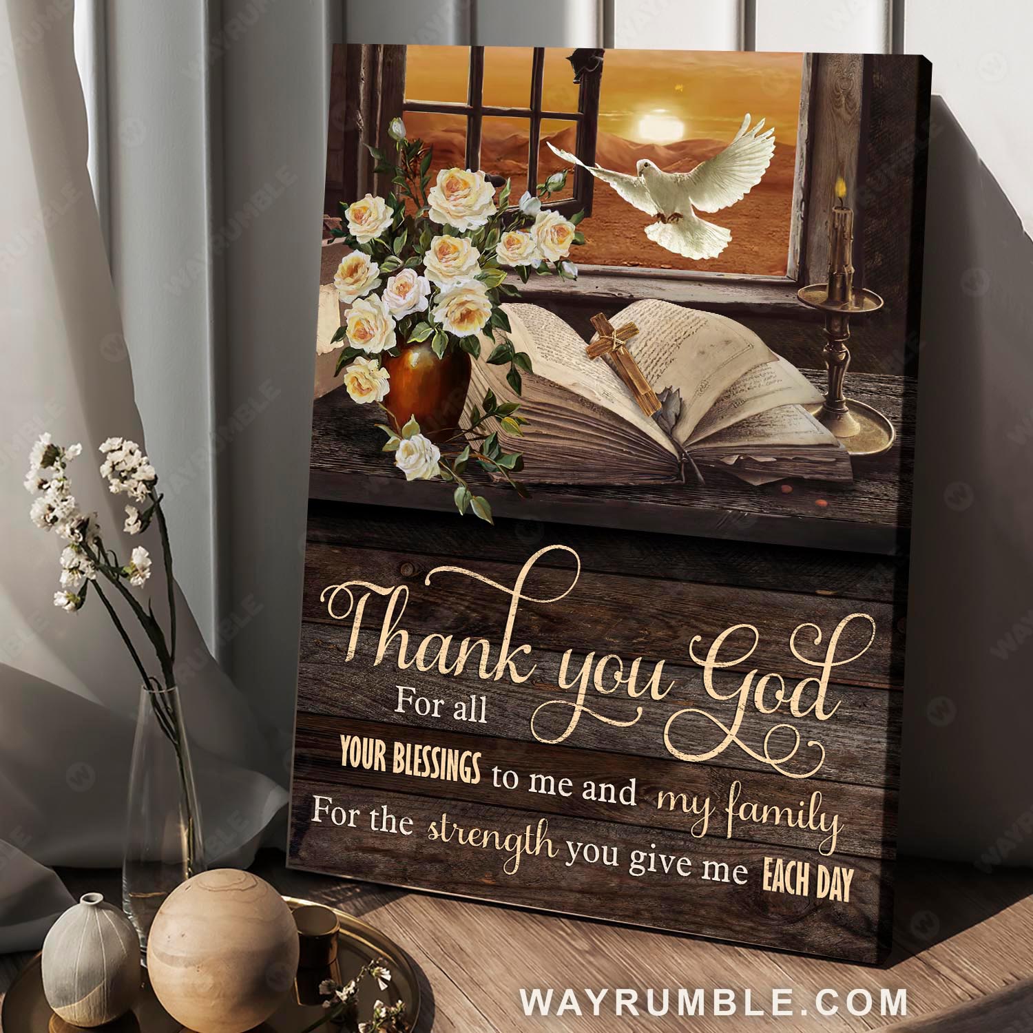The holy bible, Vintage painting, By the window, Thank you God for all - Jesus Portrait Canvas Prints, Christian Wall Art