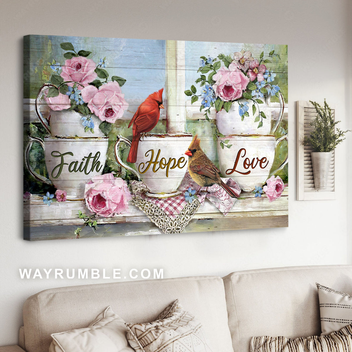 Male and female cardinal, Pink roses, Tea cup, Faith hope love - Jesus Landscape Canvas Prints, Christian Wall Art