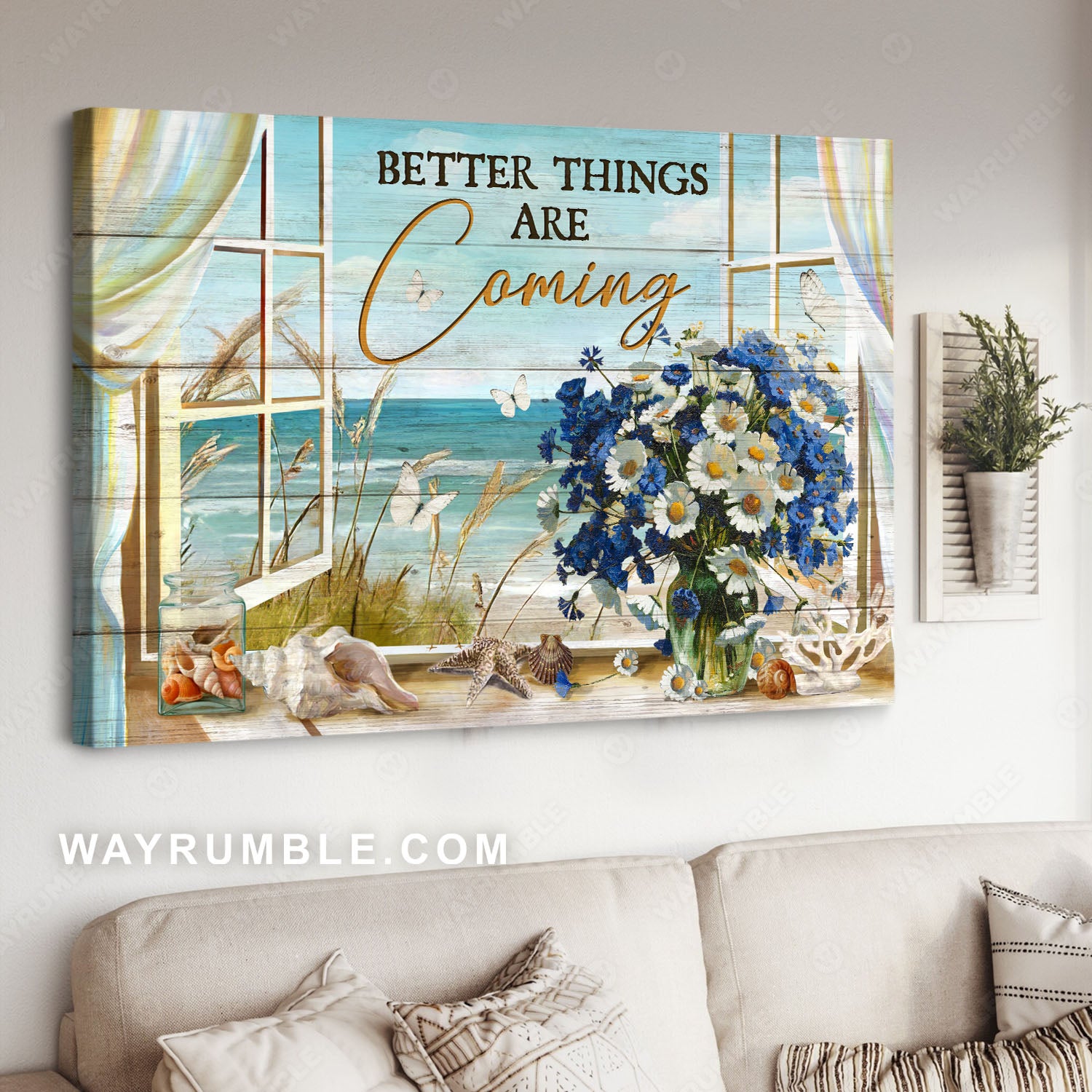 Blue daisy, White daisy, Seashell, Ocean view, Better things are coming - Jesus Landscape Canvas Prints, Christian Wall Art