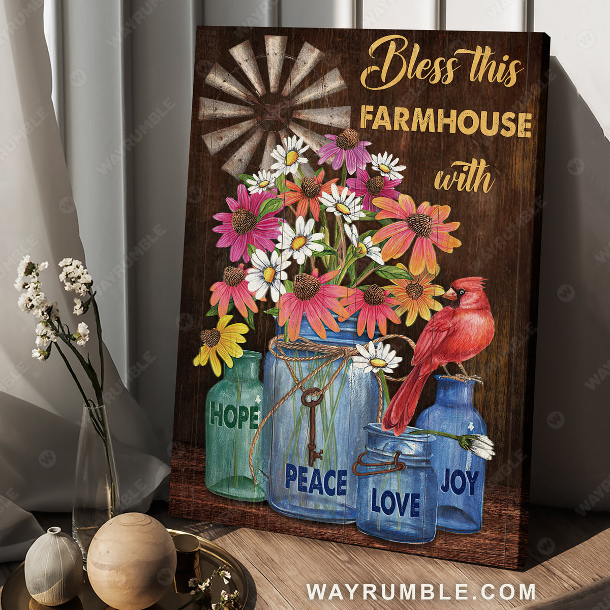 Cardinal, Flower Jars, Key, Bless This Farmhouse with Hope - Jesus Portrait Canvas Prints, Christian Wall Art