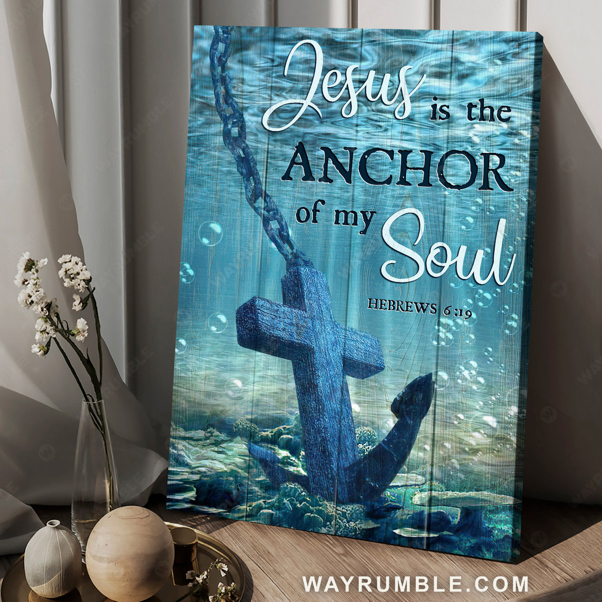 Blue ocean, Stunning anchor, Cross symbol, Jesus is the anchor of my soul - Jesus Portrait Canvas Prints, Home Decor Wall Art