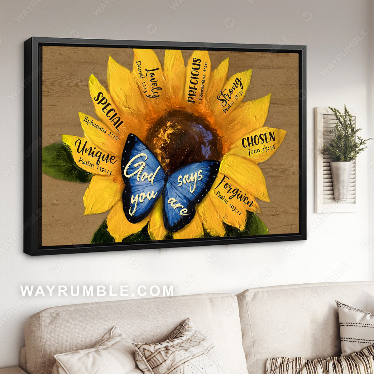 Watercolor sunflower, Blue butterfly, God says you are unique - Jesus Landscape Canvas Prints, Christian Wall Art
