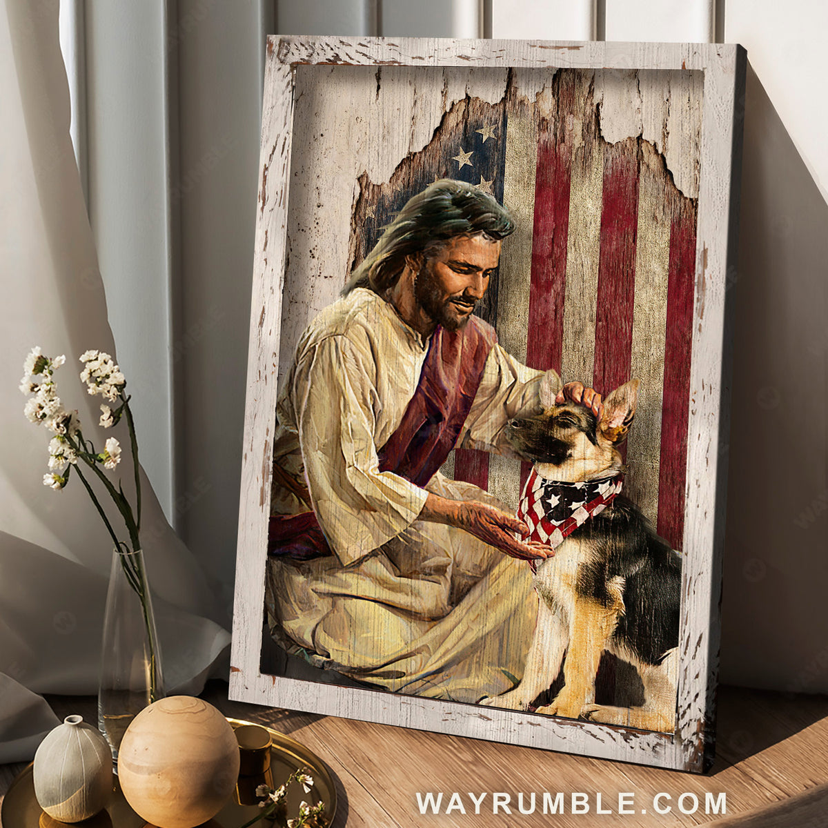 Unique painting, Little German Shepherd, Antique US flag - Jesus Portrait Canvas Prints, Home Decor Wall Art