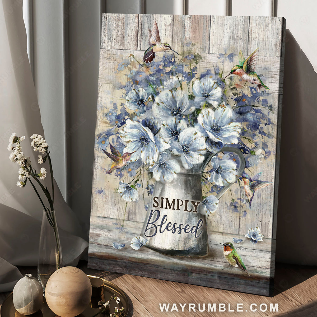 Beautiful flower, Blue daisy flower, Flying hummingbirds, Simply blessed - Jesus Portrait Canvas Prints, Christian Wall Art