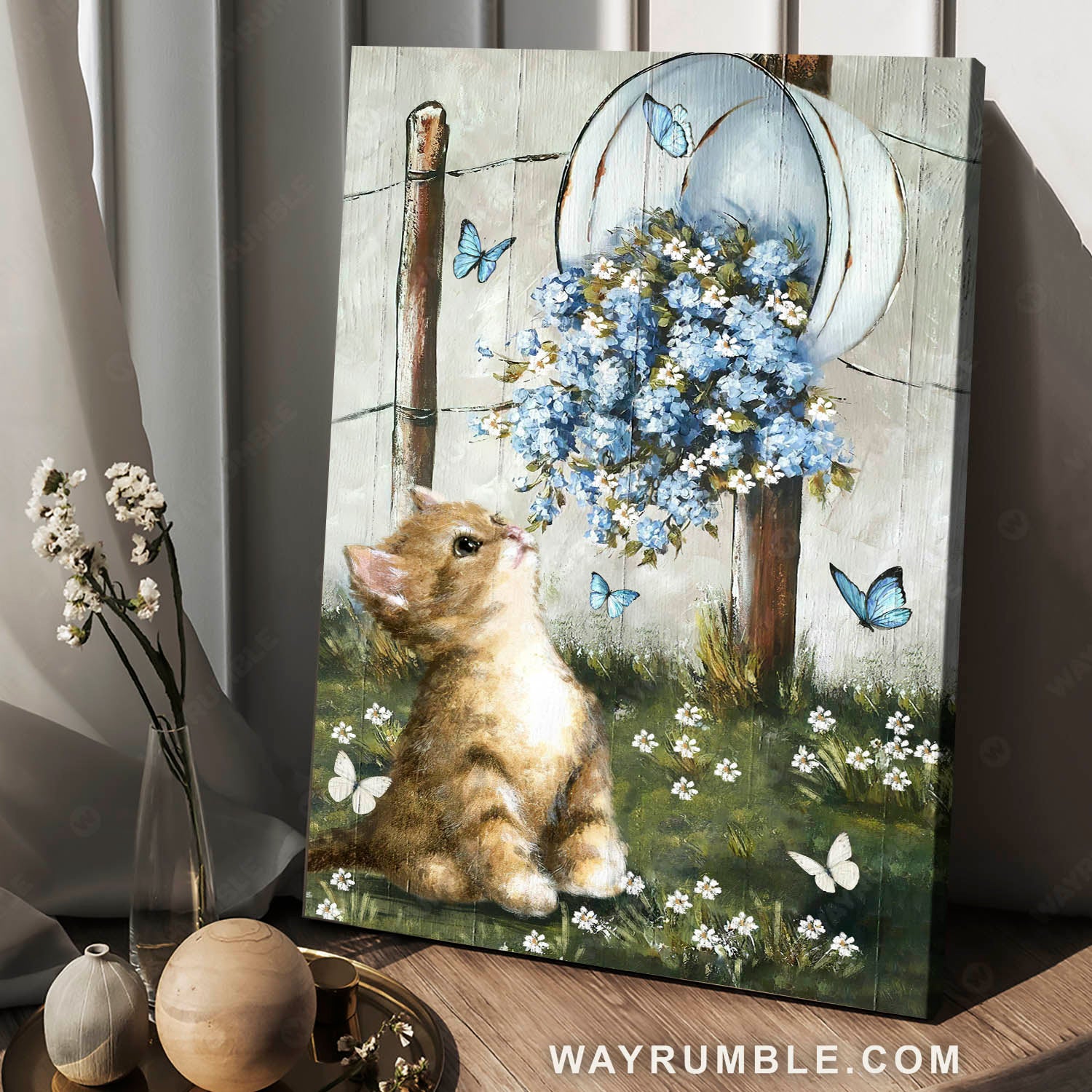 Cute kitten, Blue flower, White daisy, Flying butterflies - Jesus Portrait Canvas Prints, Christian Wall Art