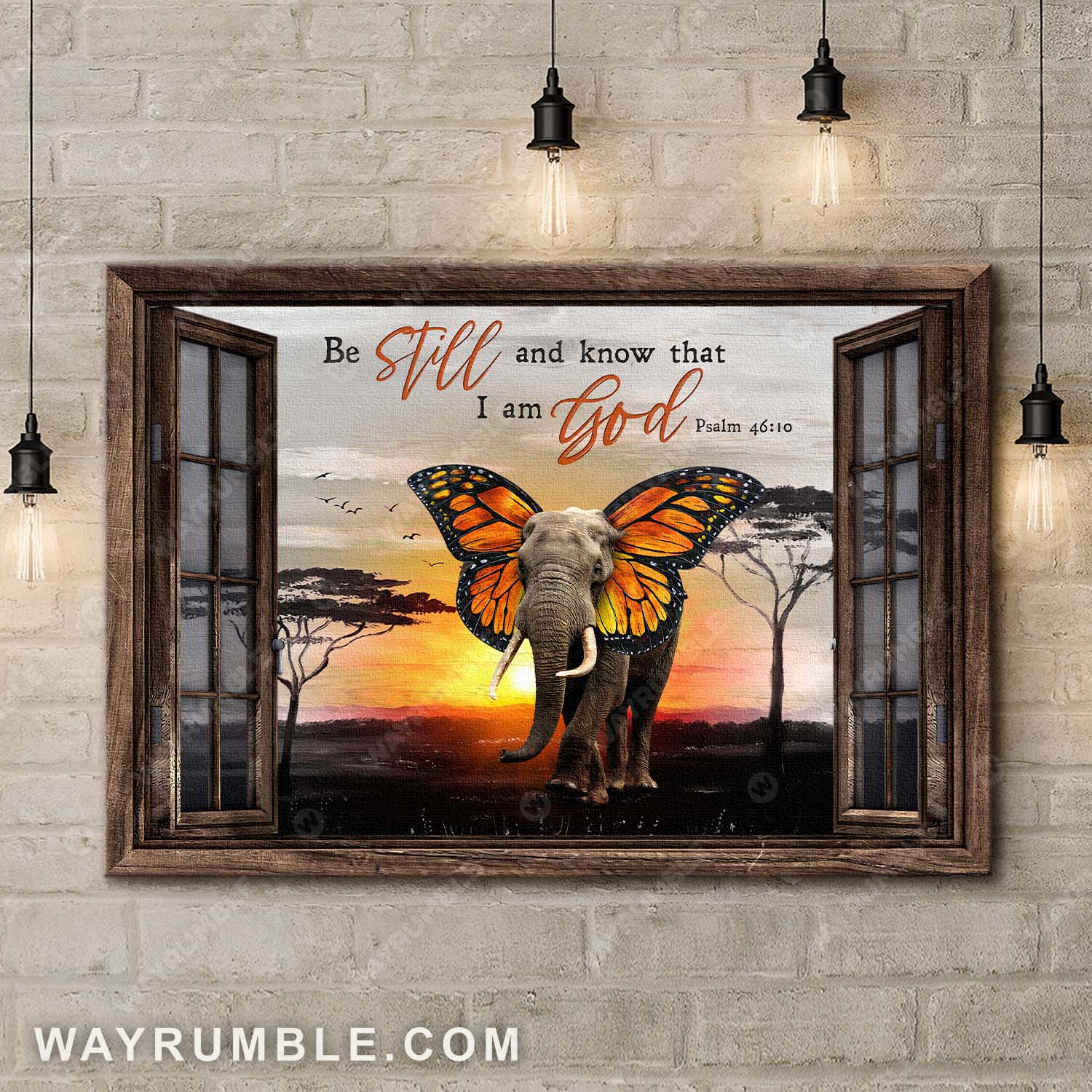 Elephant, Butterfly, Savannah sunset, Be still and know that I am God - Jesus Landscape Canvas Prints, Wall Art