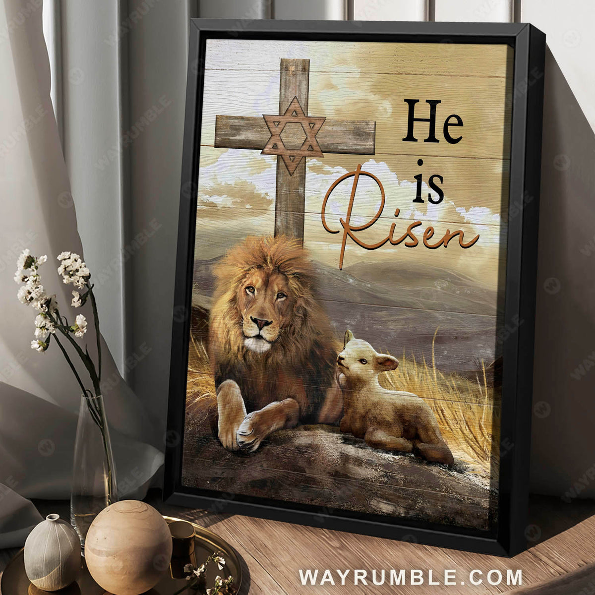 Lamb of God, Lion of Judah, On the grass field, The holy wooden cross, He is risen - Jesus Portrait Canvas Prints, Christian Wall Art