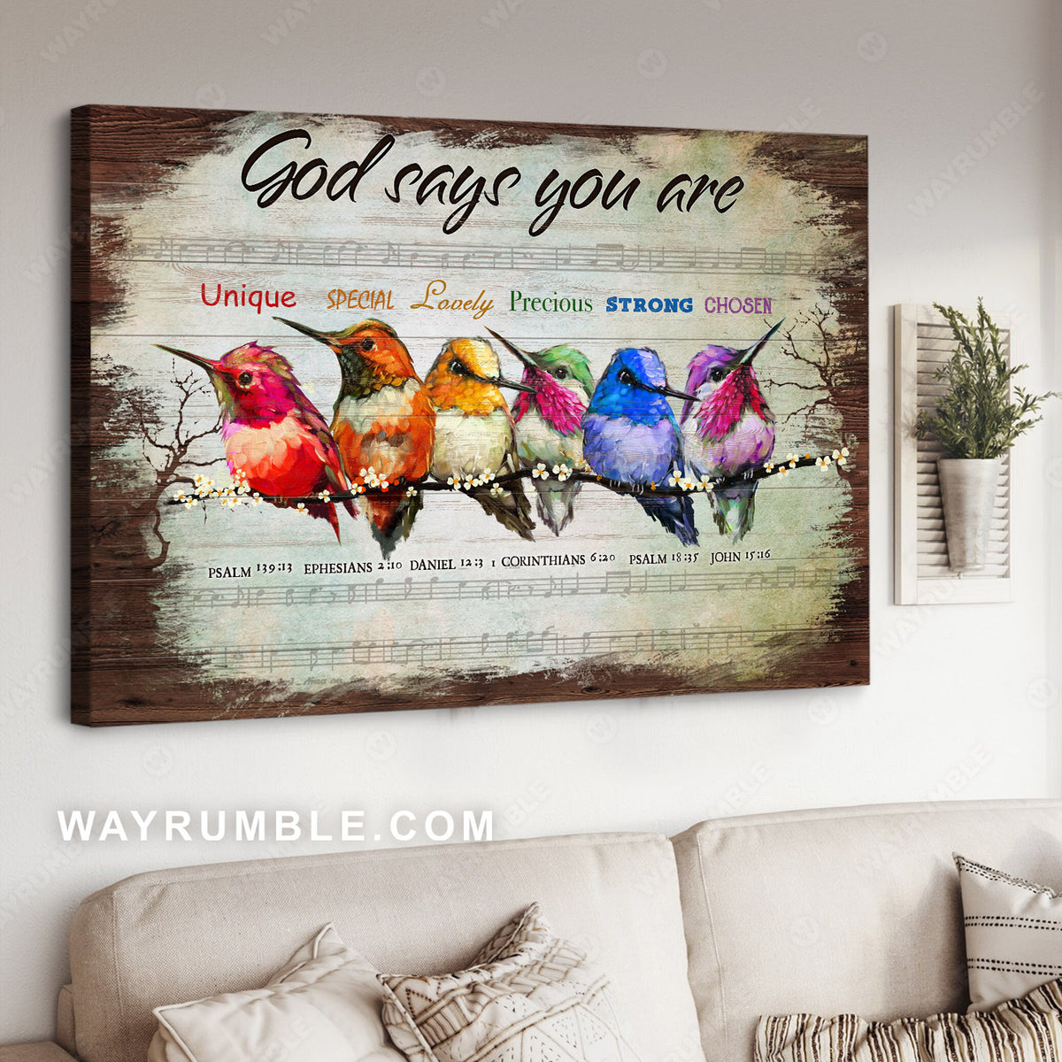 Hummingbird painting, Music sheet, God says you are - Jesus Landscape Canvas Prints, Christian Wall Art