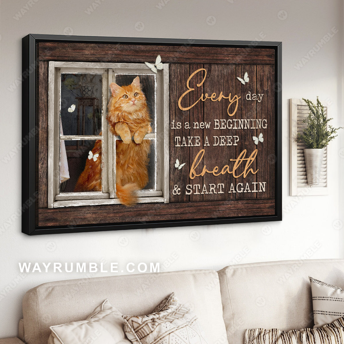 Cat painting, Little cat by the window, Every day is a new beginning - Jesus Landscape Canvas Prints, Christian Wall Art