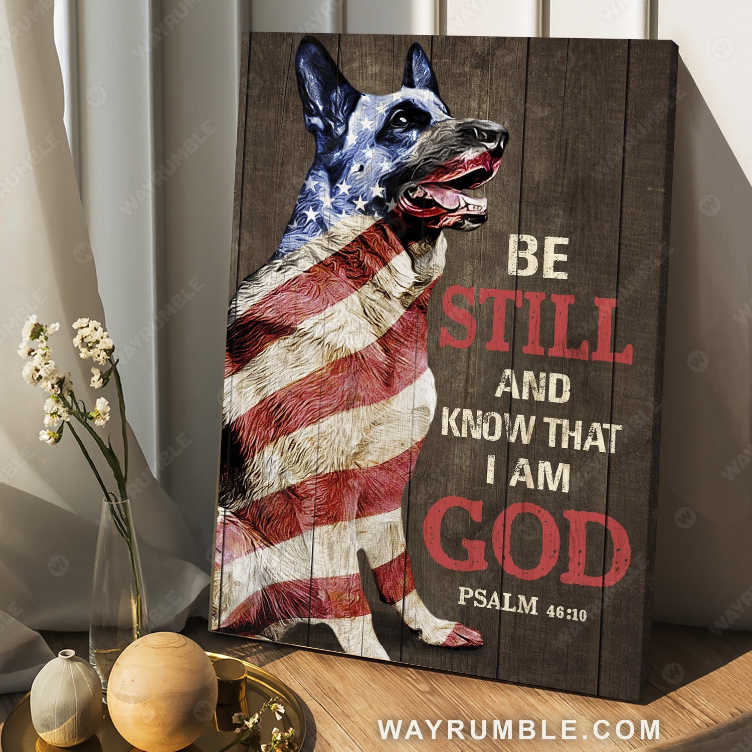 German Shepherd drawing, The US flag, Be still and know that I am God - Jesus Portrait Canvas Prints, Christian Wall Art