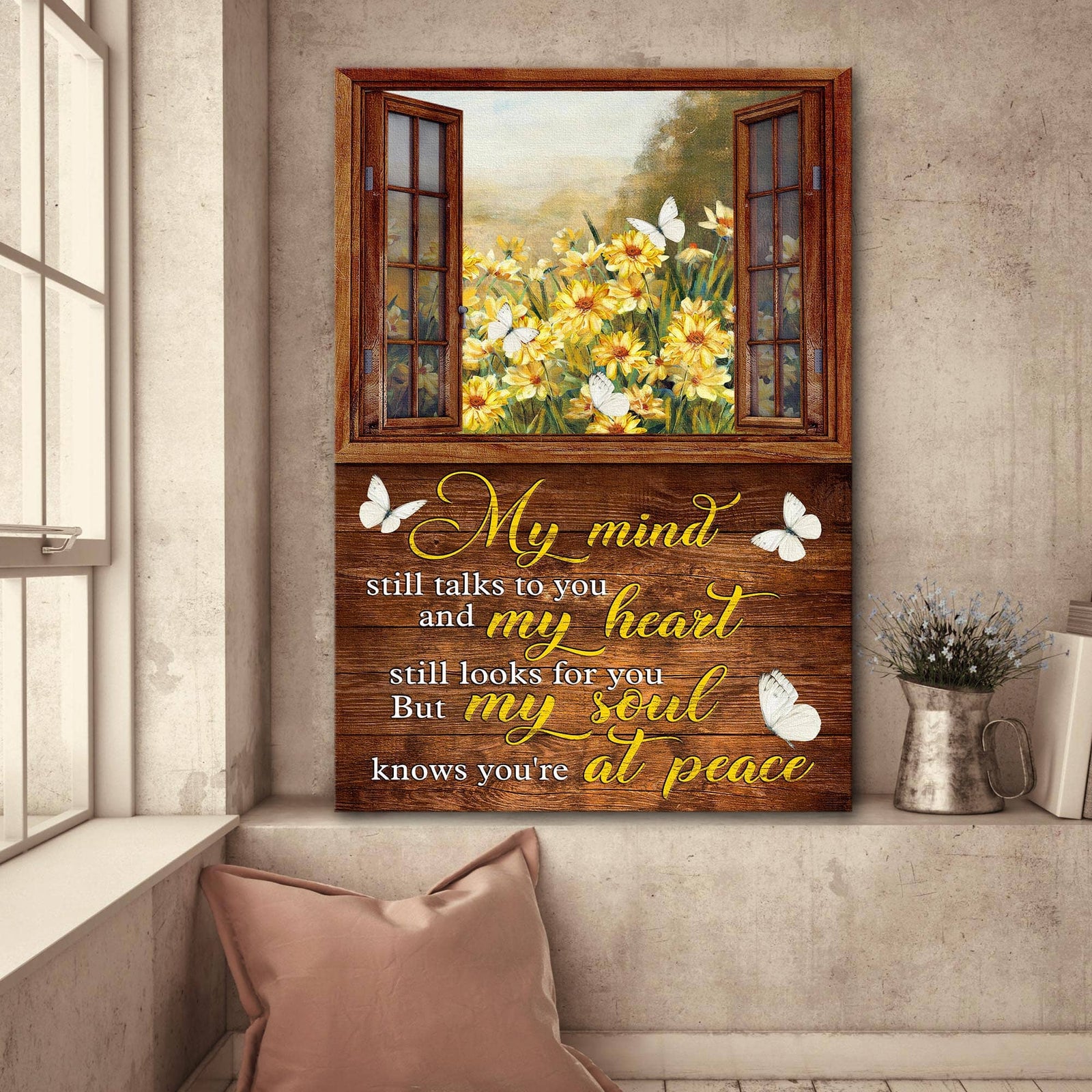 Butterfly, Flower Field, Through the window, My soul knows you are at peace - Heaven Portrait Canvas Prints, Wall Art