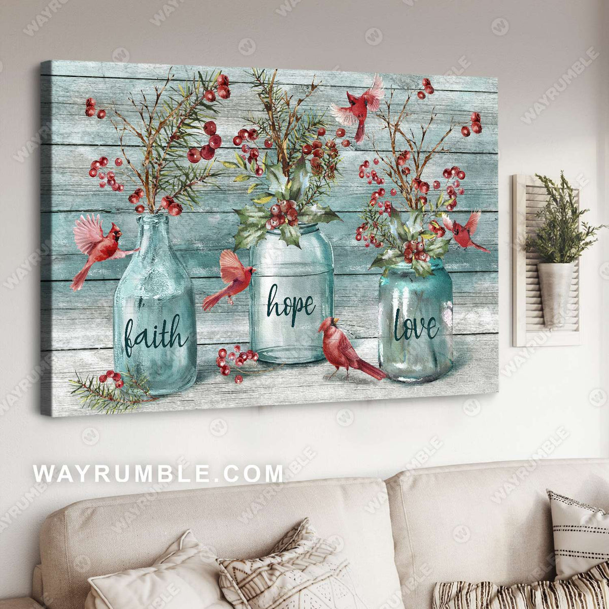 Vintage painting, Cardinal drawing, Cranberry painting, Faith Love Hope - Jesus Landscape Canvas Prints, Christian Wall Art