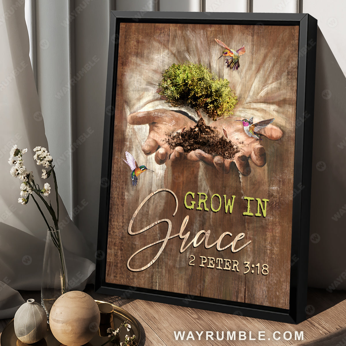 Hand of God, Hummingbird painting, Small tree, Grow in grace - Jesus Portrait Canvas Prints, Christian Wall Art