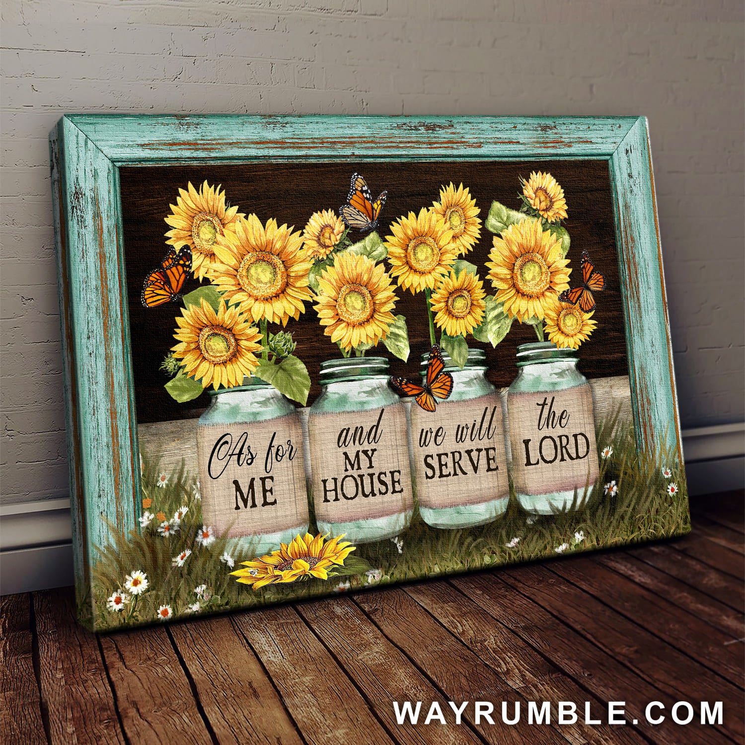 Beautiful sunflower jars, Butterfly, Picture frame, We will serve the lord - Jesus Landscape Canvas Prints, Wall Art