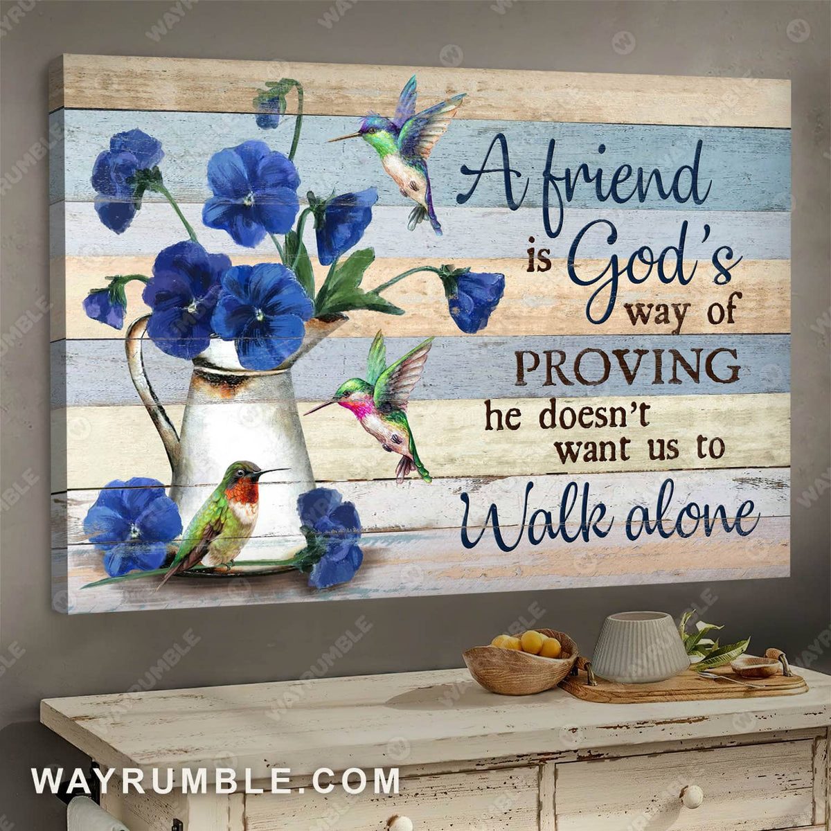 Vintage flower, Blue pansy, Hummingbird, Still life painting, A friend is God's way of proving he doesn't want us to walk alone - Jesus Landscape Canvas Prints, Wall Art