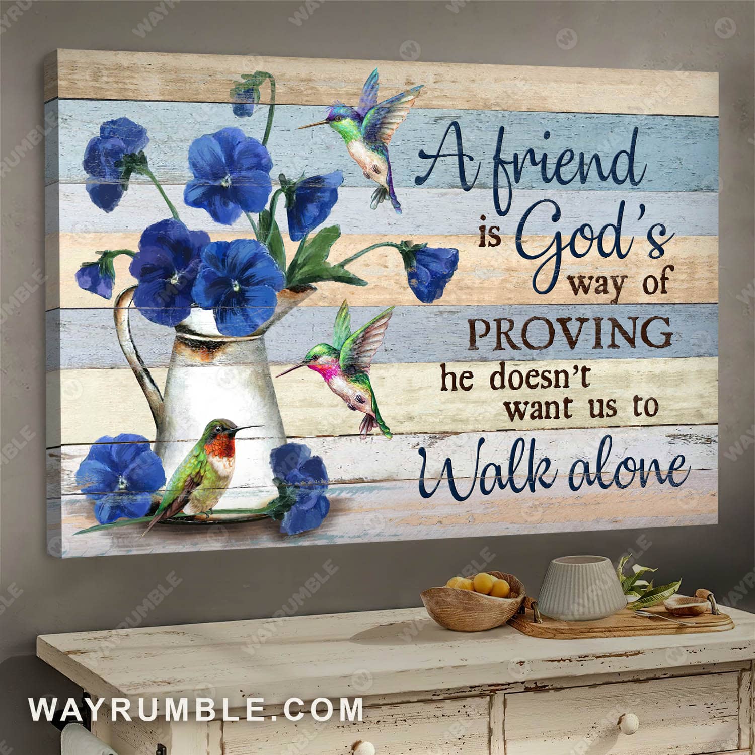 Vintage flower, Blue pansy, Hummingbird, Still life painting, A friend is God's way of proving he doesn't want us to walk alone - Jesus Landscape Canvas Prints, Wall Art