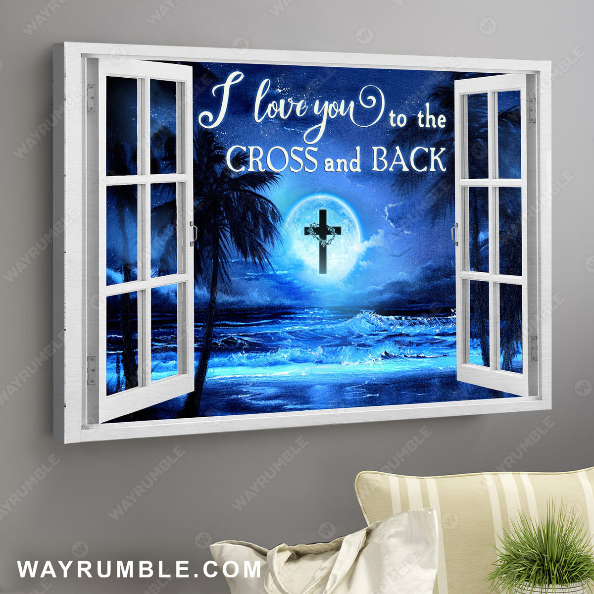 Moonlight night, Ocean painting, I love you to the cross and back - Jesus Landscape Canvas Prints, Wall Art