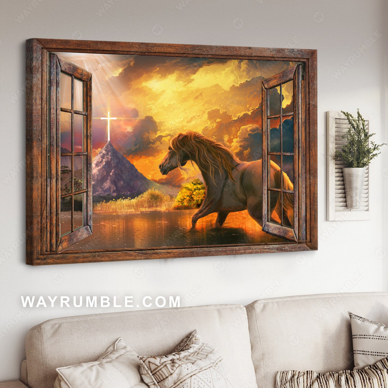 Horse painting, Mountain landscape, Cross light, Running to God - Jesus Landscape Canvas Prints, Christian Wall Art