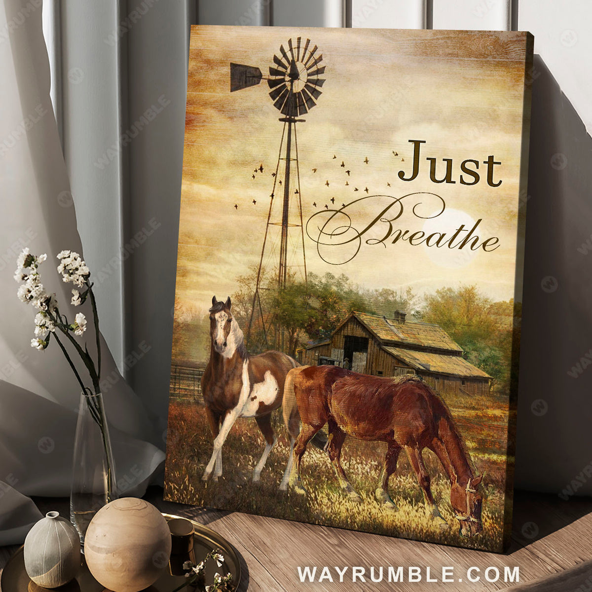 Horse painting, Sunset on the farm, Old barn house, Just breathe - Jesus Portrait Canvas Prints, Christian Wall Art