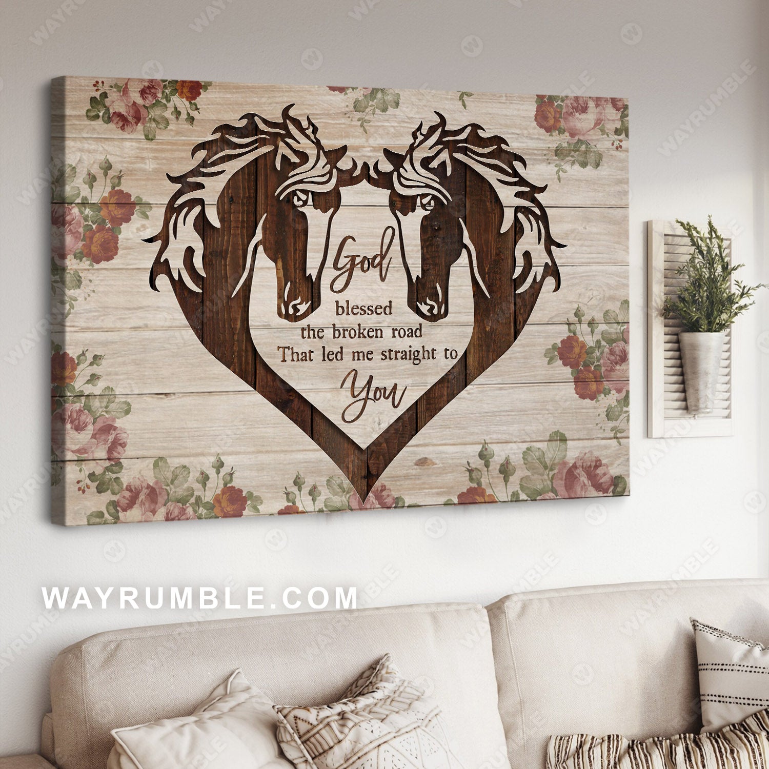 Horse couple, Vintage flower, God blessed the broken road that led me straight to you - Jesus Landscape Canvas Prints, Christian Wall Art