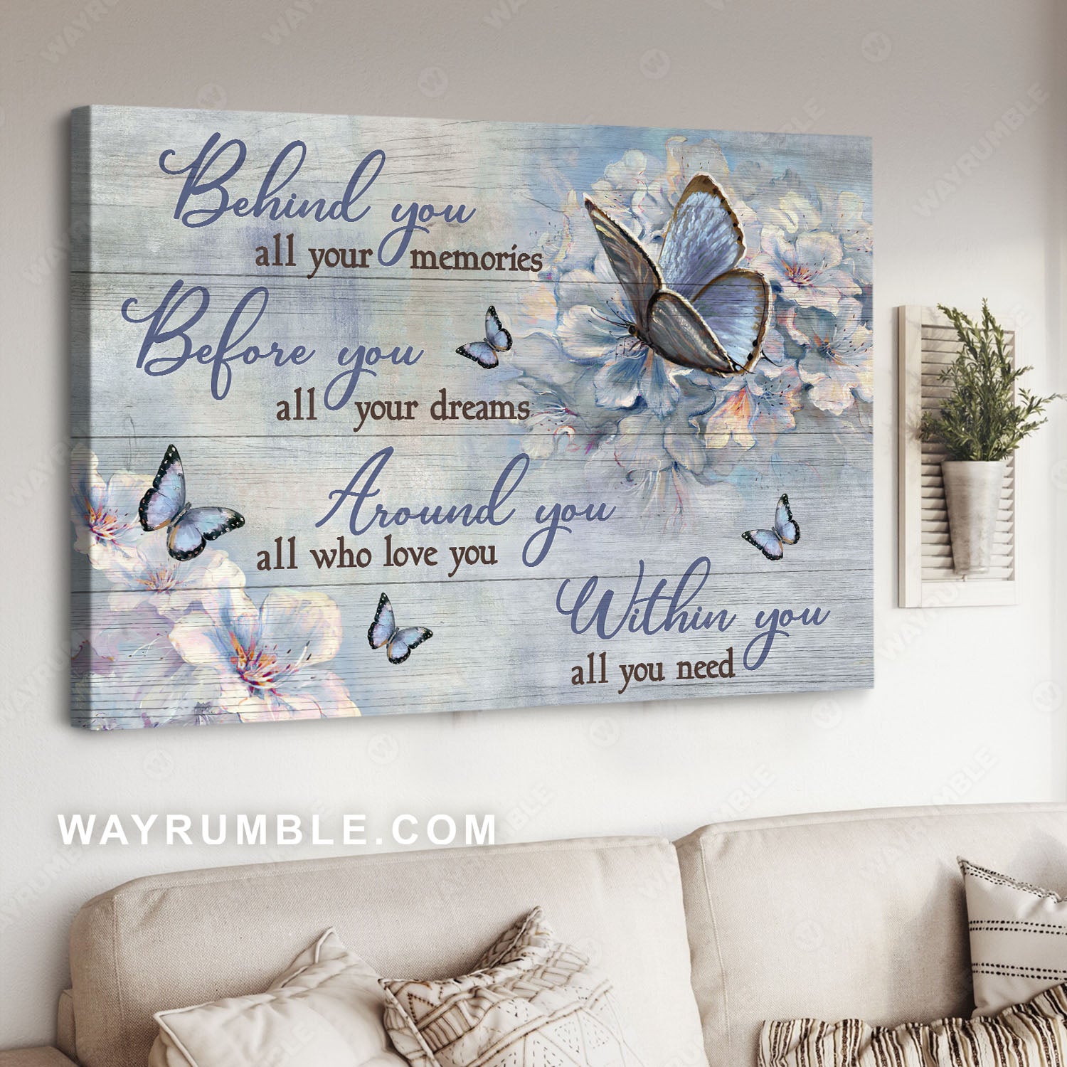 Blue butterfly, White flower painting, Vintage flower, Within you All you need - Jesus Landscape Canvas Prints, Christian Wall Art