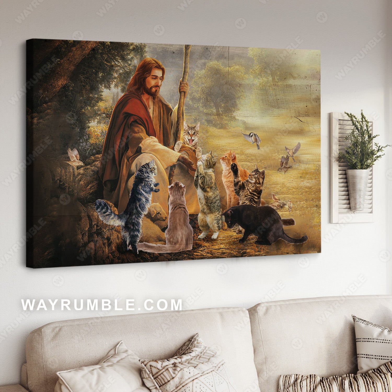 Jesus painting, Cats drawing, A peaceful day with cats - Jesus Landscape Canvas Prints, Christian Wall Art