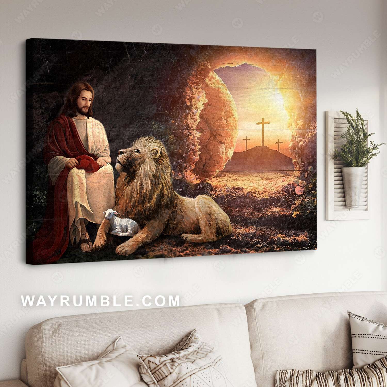 Jesus painting, In the cave, Beautiful sunrise, Jesus with the Lion of Judah - Jesus Landscape Canvas Prints, Christian Wall Art