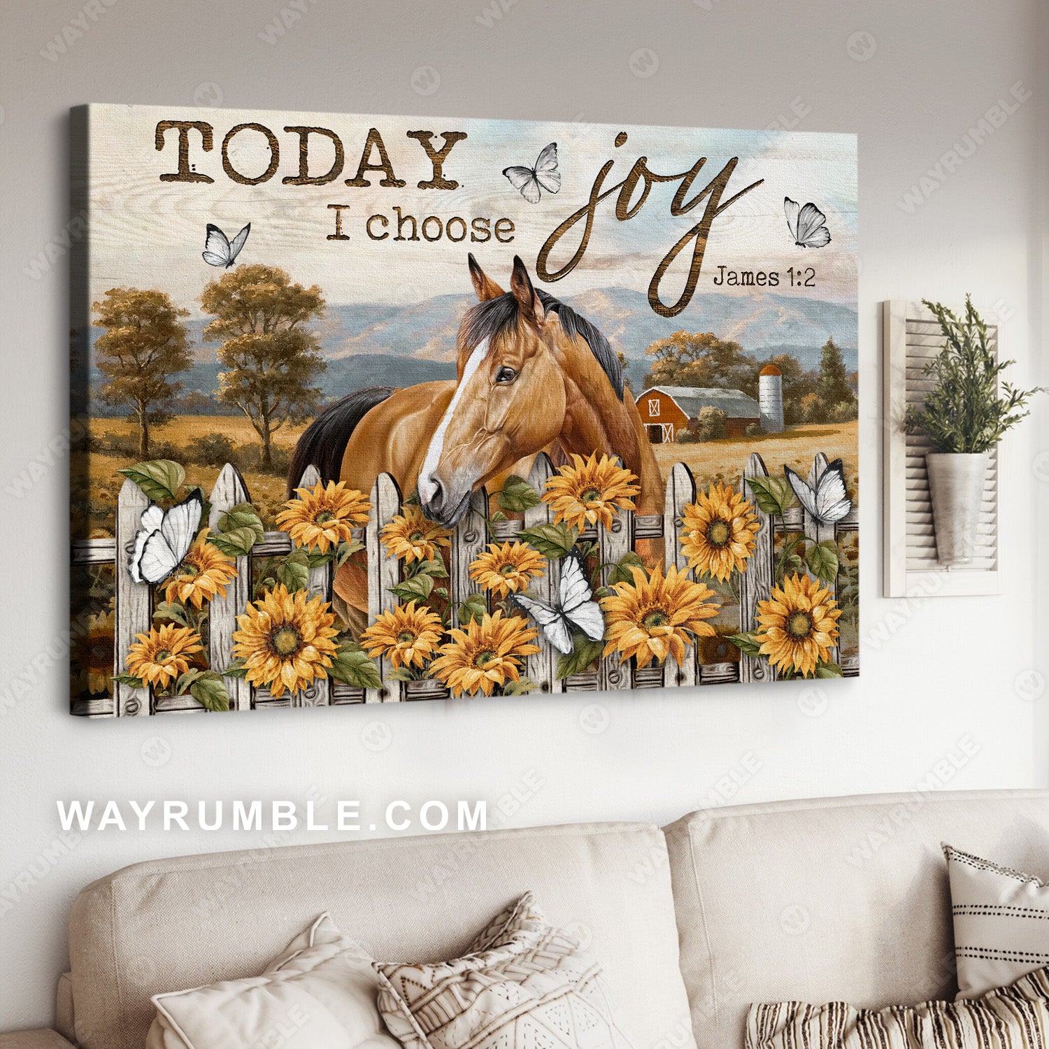 Horse painting, Sunflower garden, Vintage village, Countryside landscape, Today I choose joy - Jesus Landscape Canvas Prints, Christian Wall Art