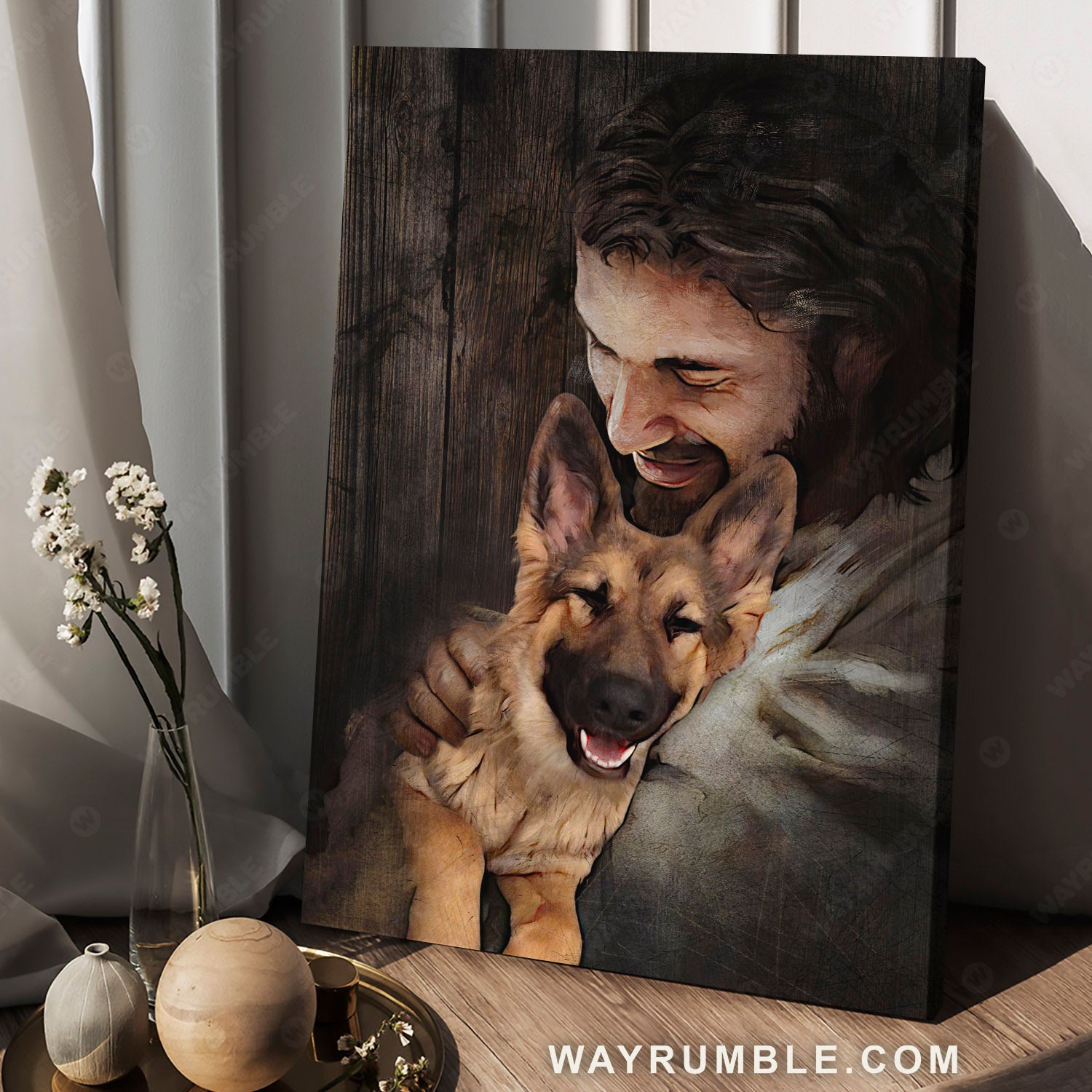 Jesus painting, German Shepherd in the arms of Jesus - Jesus Portrait Canvas Prints, Christian Wall Art