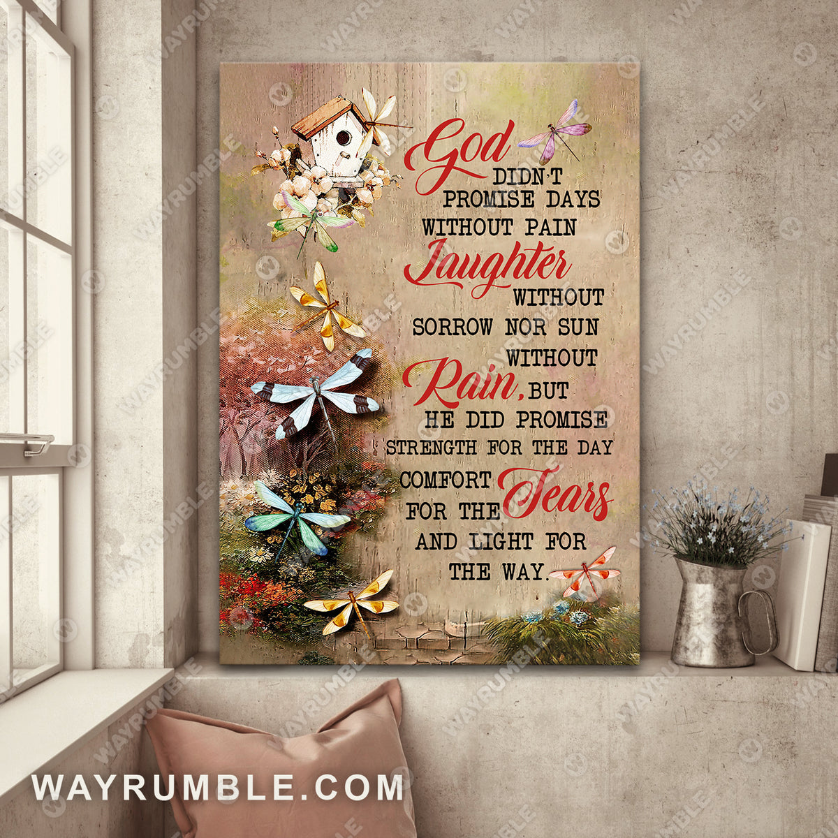 Dragonfly painting, Wooden birdhouse, God doesn&#39;t promise days without pain - Jesus Portrait Canvas Prints, Wall Art