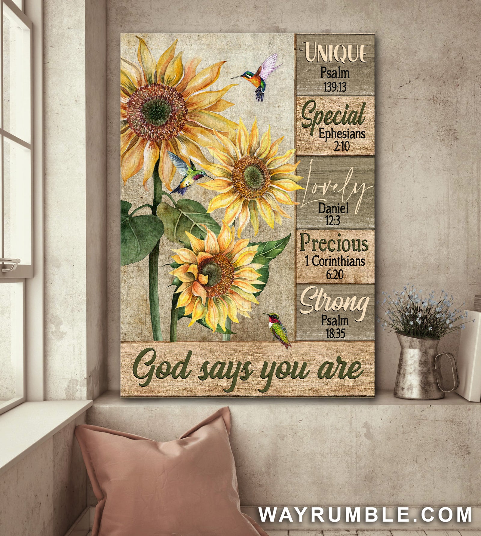 Sunflower painting, Cute hummingbird, God says you are unique, special - Jesus Portrait Canvas Prints, Wall Art