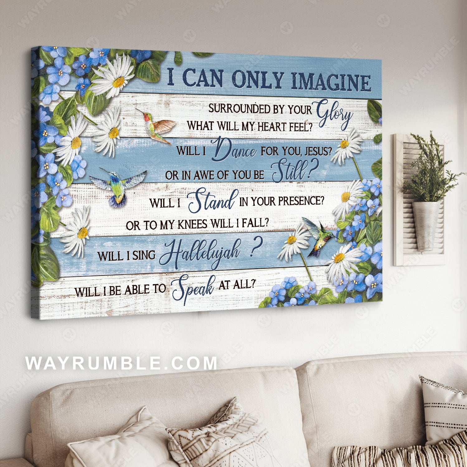 Wooden background, Daisy frame, Hummingbird, I can only imagine - Jesus Landscape Canvas Prints, Home Decor Wall Art
